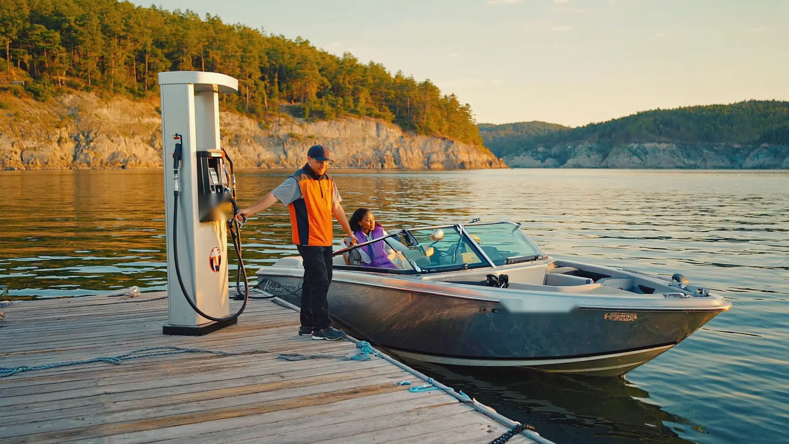 A man fills a bass boat at a marina fuel dock at golden hour while his friend waits at the console