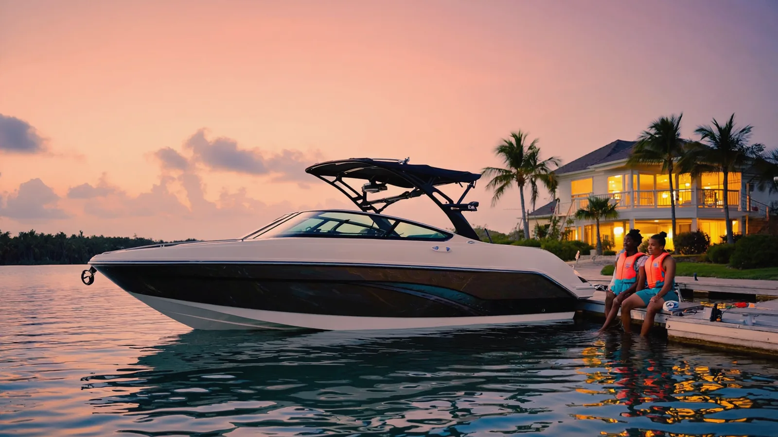 A wake boat tied to a waterfront home's dock at dusk in Florida