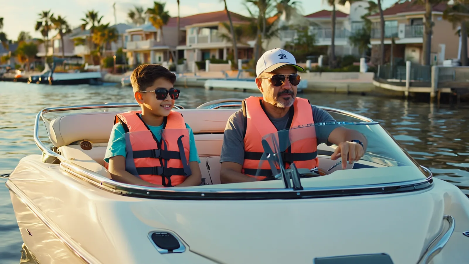 A father at the helm of a bowrider on the Intracoastal Waterway with his teenage son in the passenger seat
