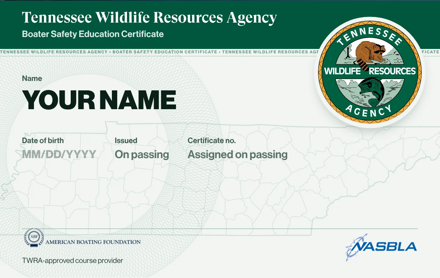 Sample Tennessee Boater Safety Education Certificate from the American Boating Foundation