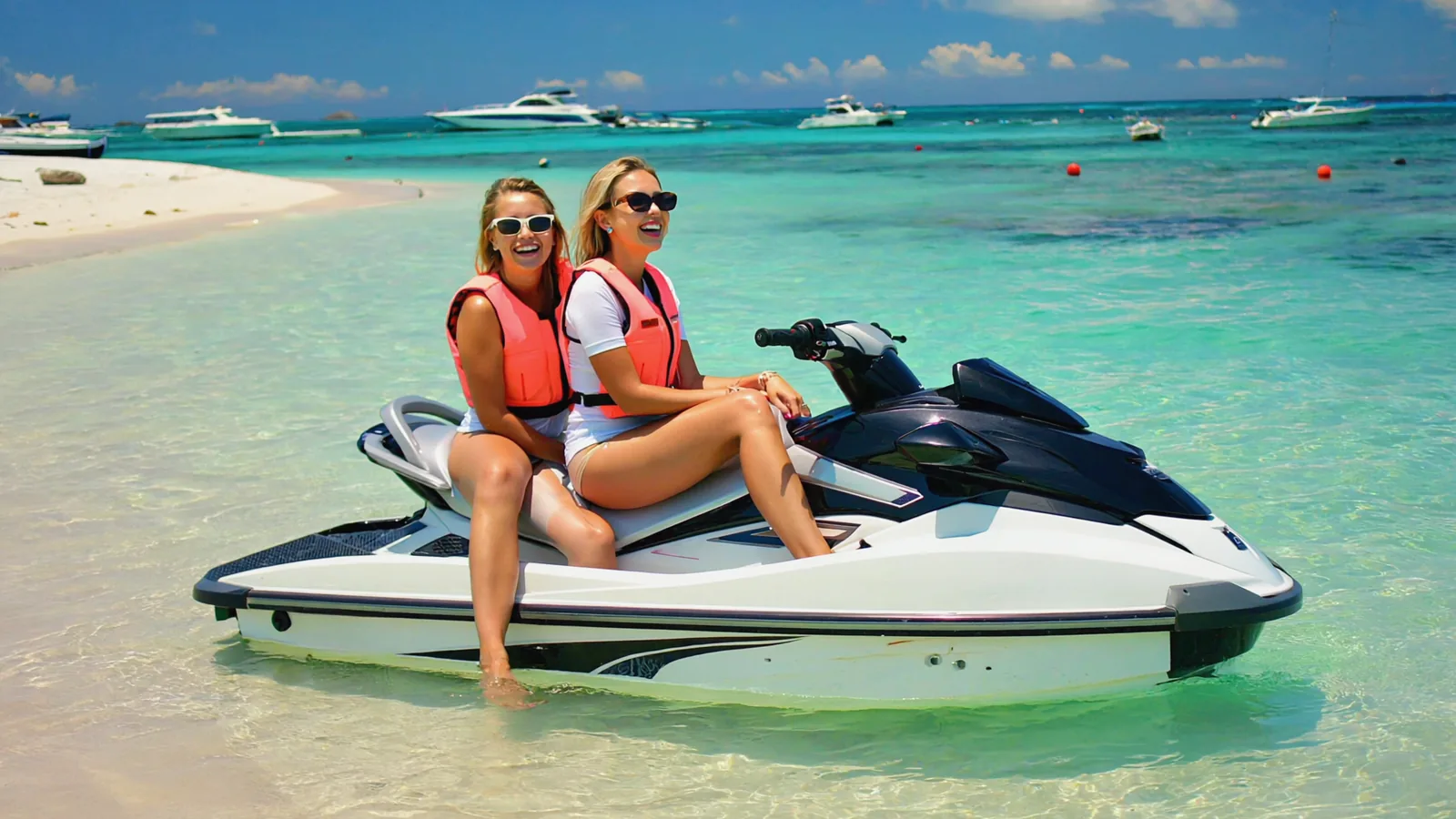 Two women on a personal watercraft beside a white sandbar in emerald water near Destin