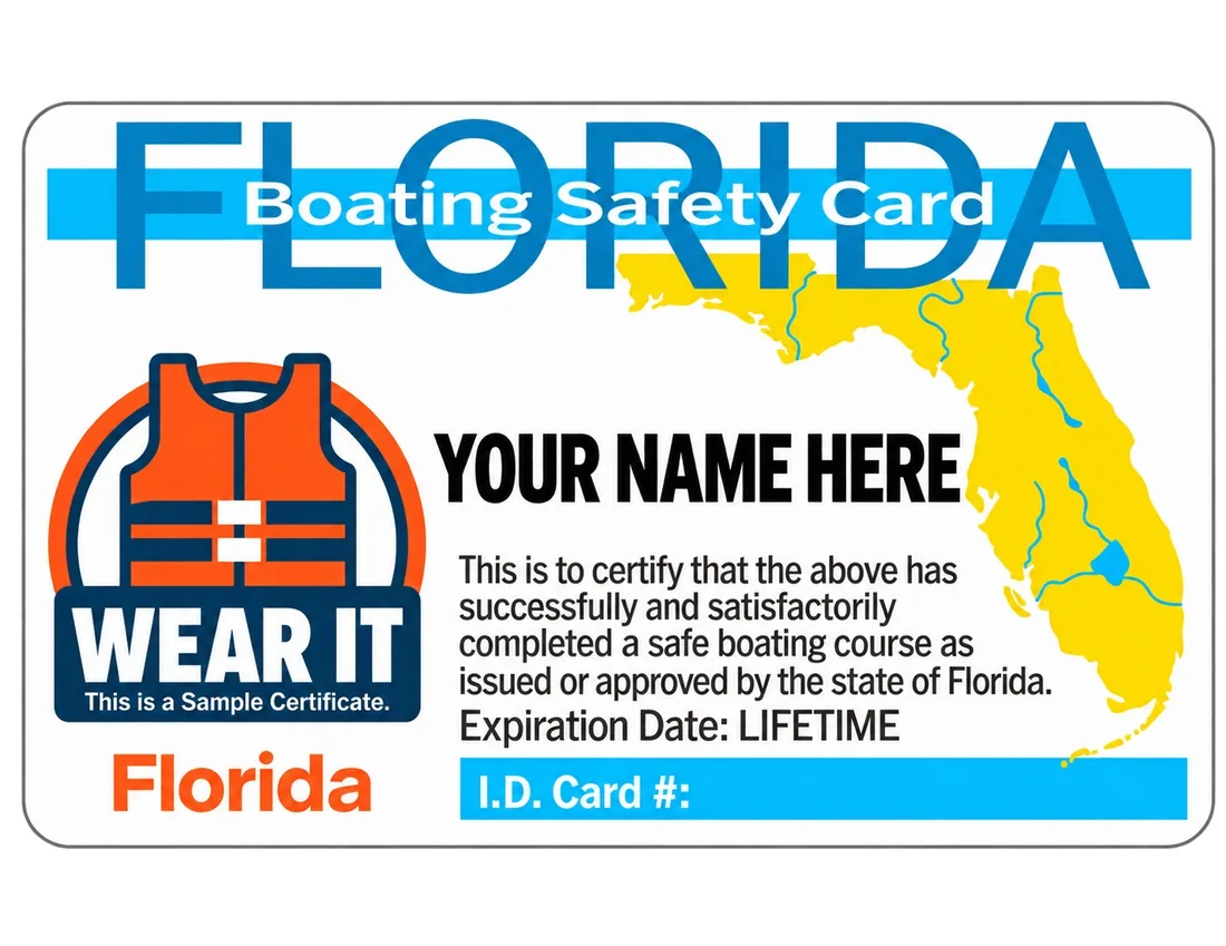 Sample Florida Boating Safety Card issued by the Florida Fish and Wildlife Conservation Commission