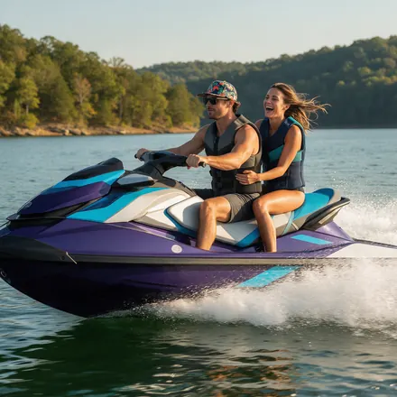 Couple in life jackets riding a personal watercraft on a Tennessee lake