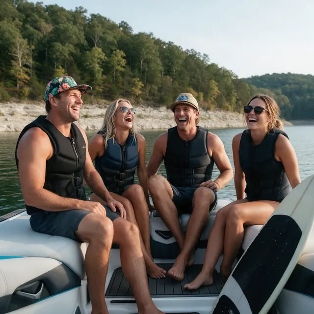 Friends in life jackets laughing on the back of a wake boat on a Tennessee lake