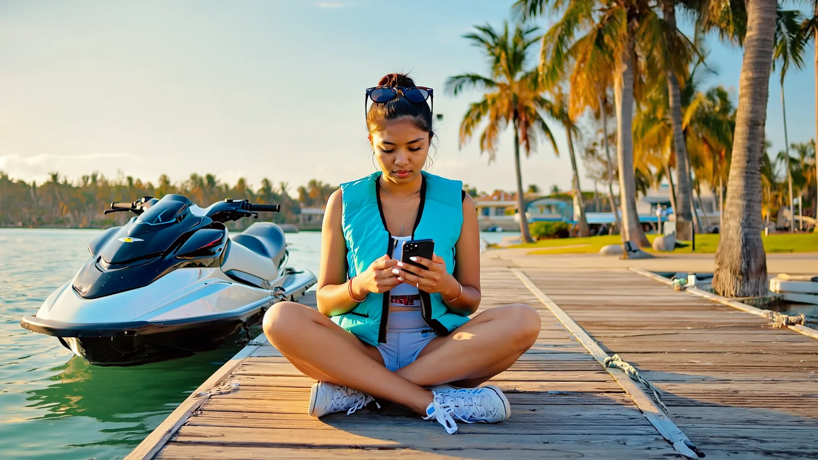 A woman reading a practice question on her phone on a palm-lined Florida dock next to a jet ski