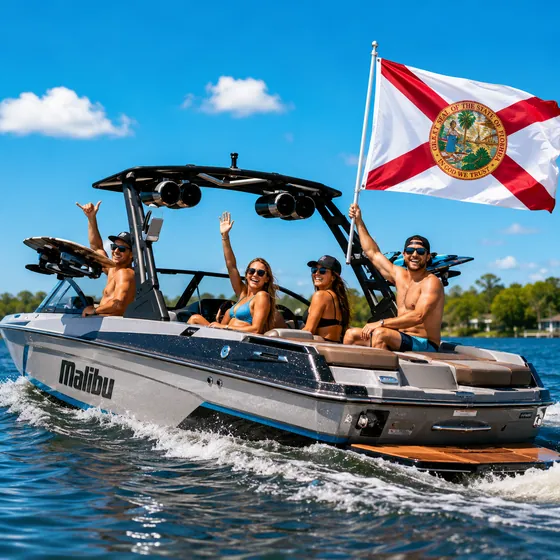 Friends waving from a boat with a Florida state flag