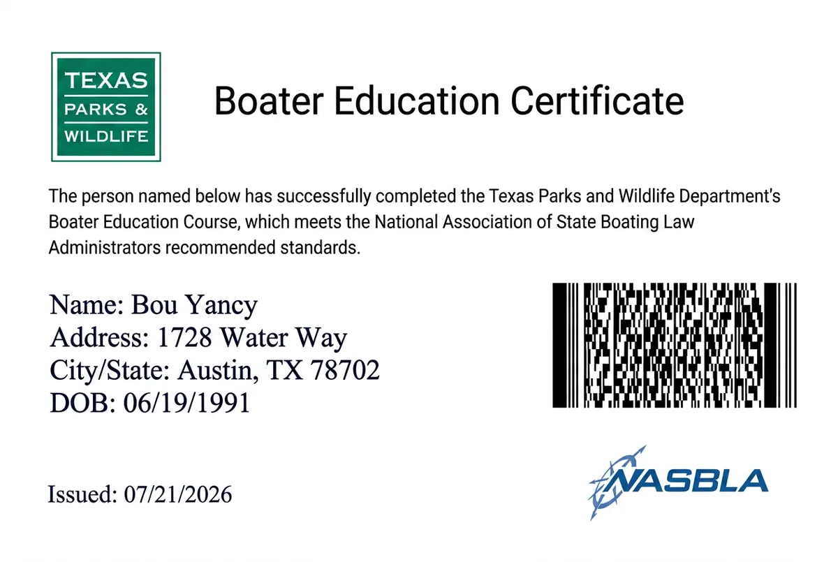Sample Texas Parks & Wildlife Boater Education Certificate issued to Bou Yancy